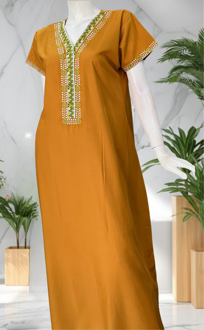 Yellow Zeenet Embroidery Soft Cotton Nighty. Soft Breathable Fabric | Laces and Frills