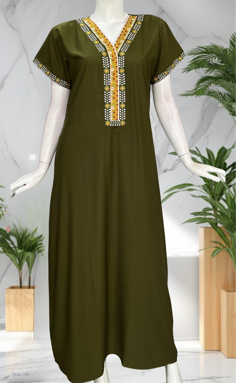 Mehndi Green Zeenet Embroidery Soft Cotton Nighty. Soft Breathable Fabric | Laces and Frills
