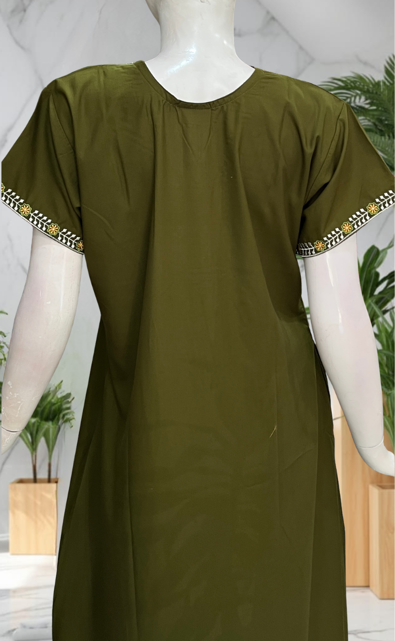 Mehndi Green Zeenet Embroidery Soft Cotton Nighty. Soft Breathable Fabric | Laces and Frills