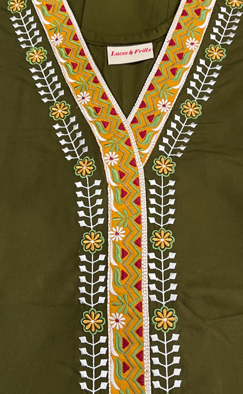 Mehndi Green Zeenet Embroidery Soft Cotton Nighty. Soft Breathable Fabric | Laces and Frills