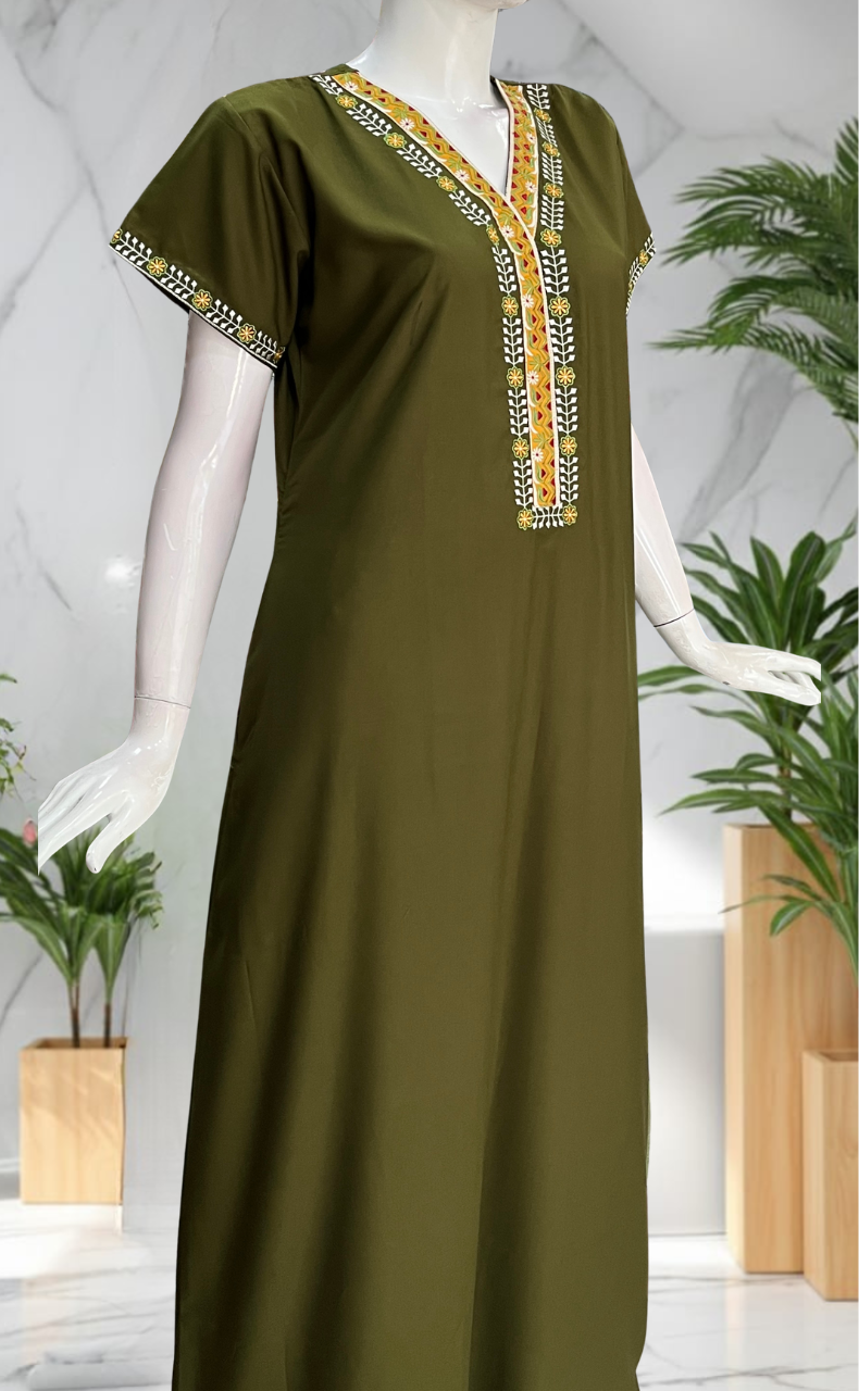Mehndi Green Zeenet Embroidery Soft Cotton Nighty. Soft Breathable Fabric | Laces and Frills