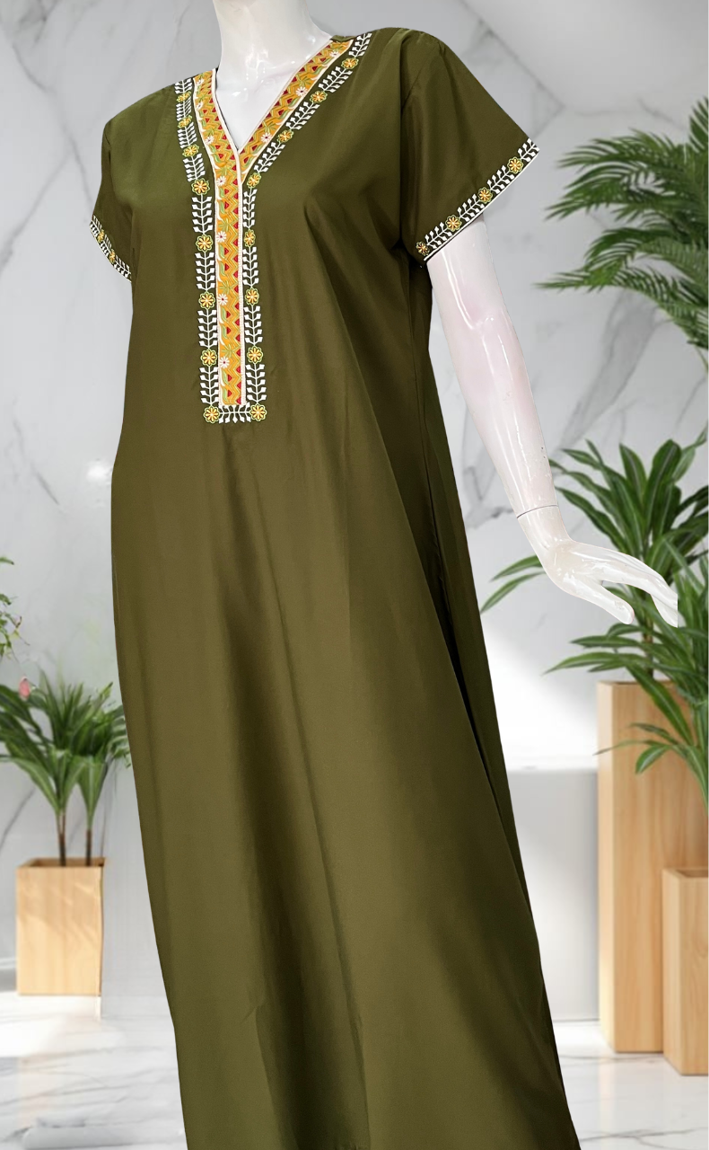 Mehndi Green Zeenet Embroidery Soft Cotton Nighty. Soft Breathable Fabric | Laces and Frills