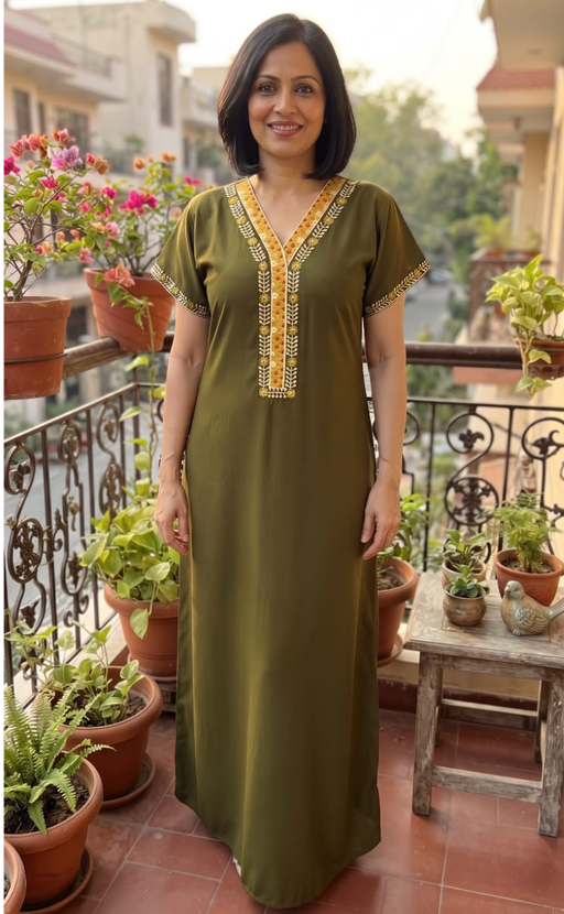 Mehndi Green Zeenet Embroidery Soft Cotton Nighty. Soft Breathable Fabric | Laces and Frills - Laces and Frills