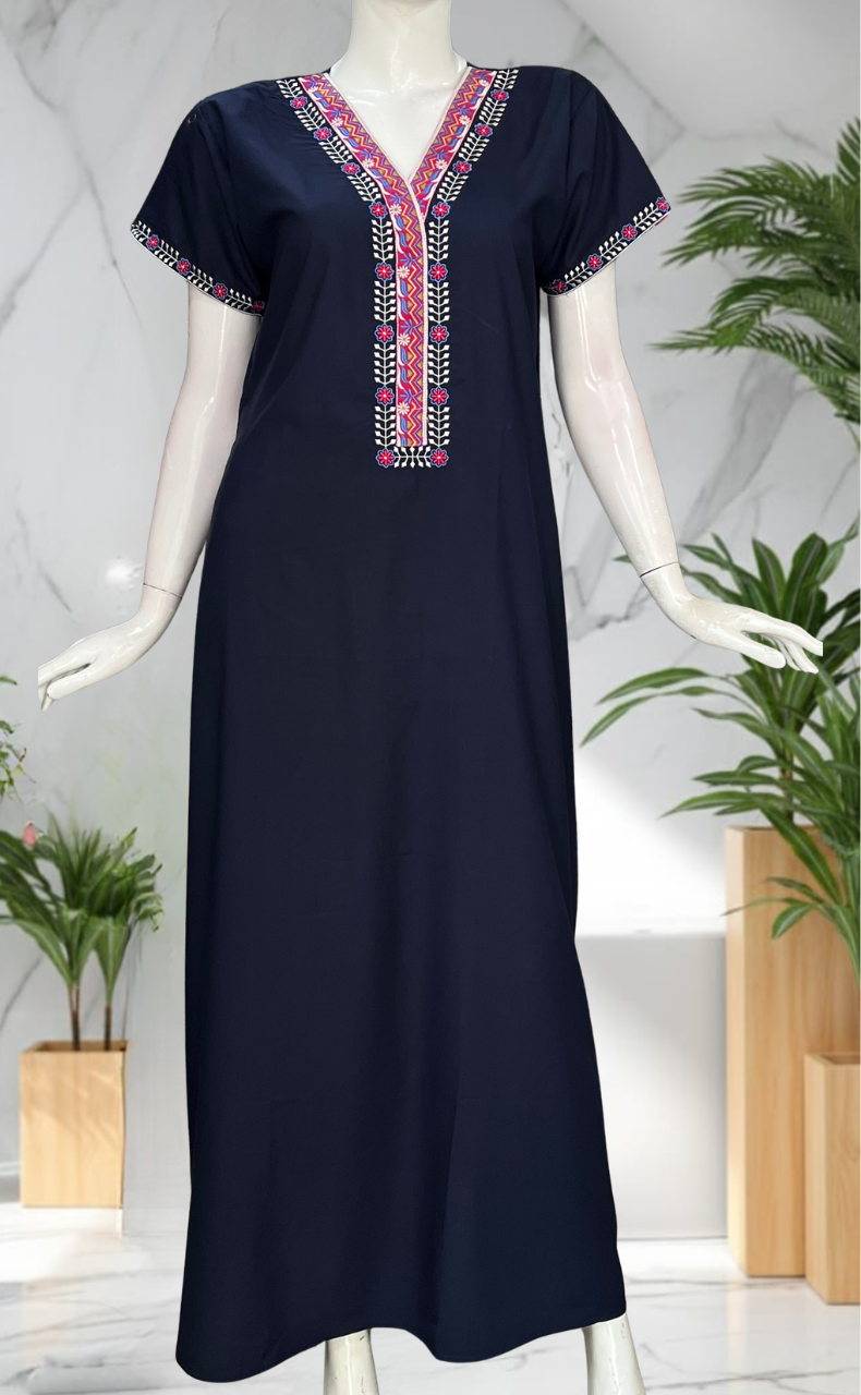 Navy Blue Zeenet Embroidery Soft Cotton Nighty. Soft Breathable Fabric | Laces and Frills