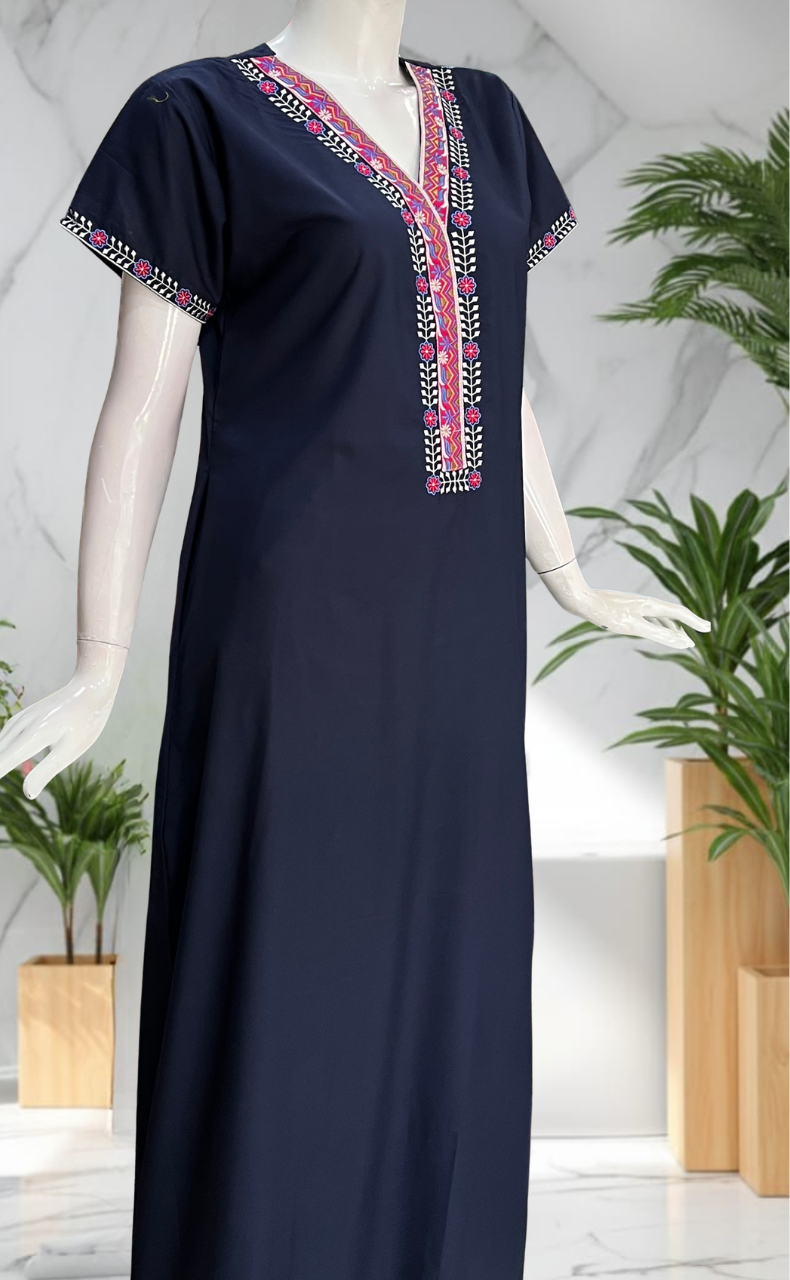 Navy Blue Zeenet Embroidery Soft Cotton Nighty. Soft Breathable Fabric | Laces and Frills