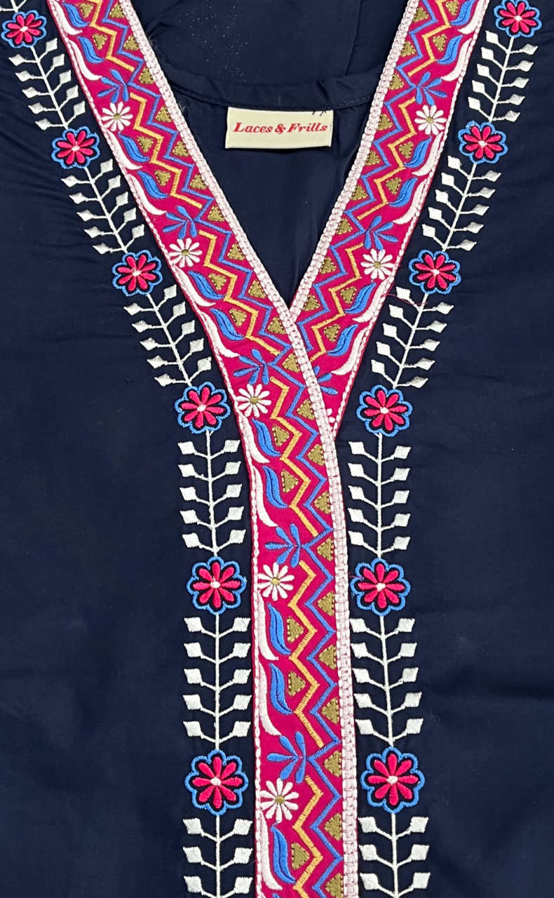 Navy Blue Zeenet Embroidery Soft Cotton Nighty. Soft Breathable Fabric | Laces and Frills