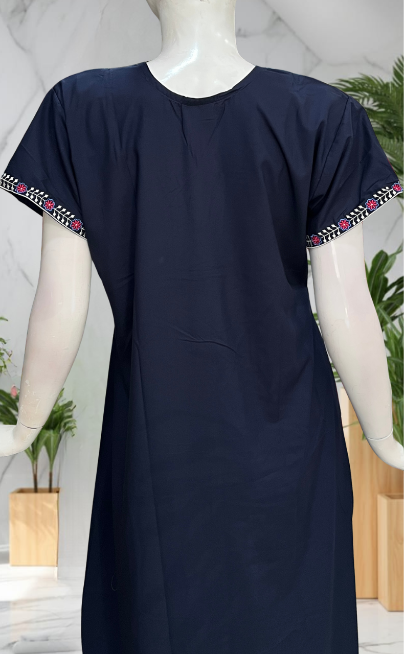 Navy Blue Zeenet Embroidery Soft Cotton Nighty. Soft Breathable Fabric | Laces and Frills