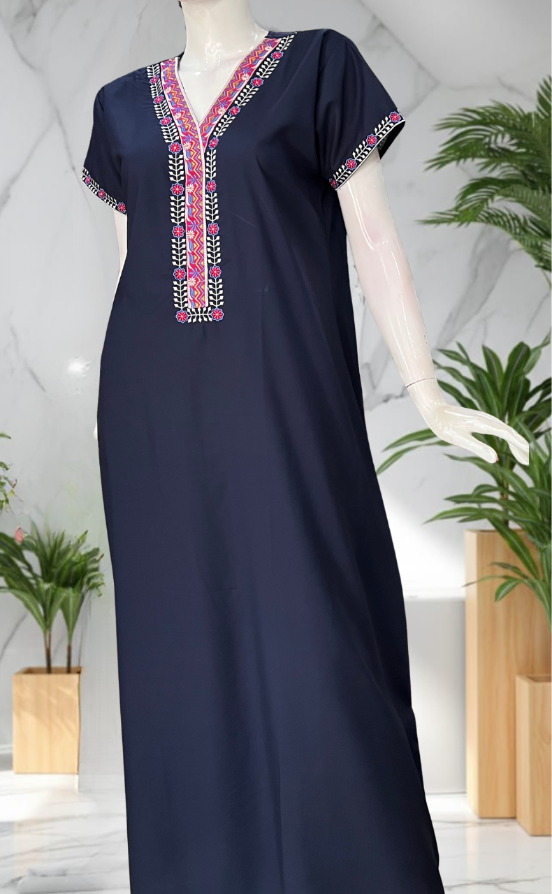 Navy Blue Zeenet Embroidery Soft Cotton Nighty. Soft Breathable Fabric | Laces and Frills