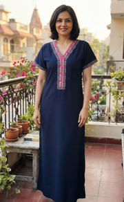 Navy Blue Zeenet Embroidery Soft Cotton Nighty. Soft Breathable Fabric | Laces and Frills - Laces and Frills