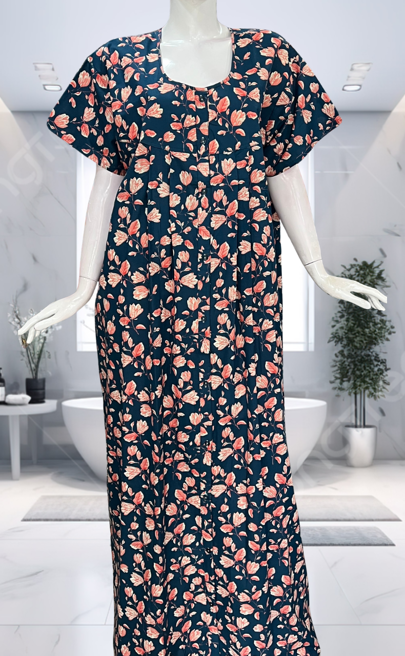 Blue Floral Full Open Pure Cotton Nighty. Pure Cotton | Laces and Frills - Laces and Frills