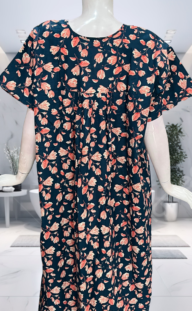 Blue Floral Full Open Pure Cotton Nighty. Pure Cotton | Laces and Frills - Laces and Frills