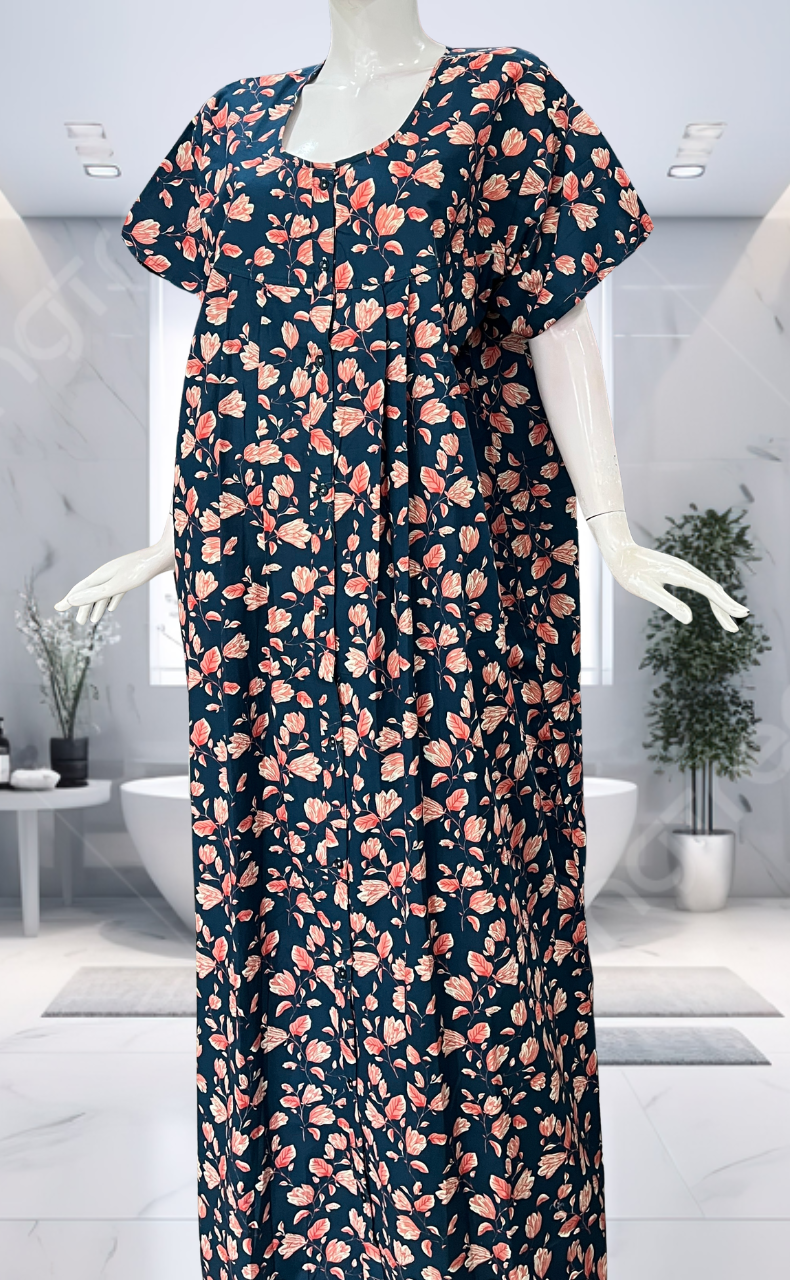 Blue Floral Full Open Pure Cotton Nighty. Pure Cotton | Laces and Frills - Laces and Frills
