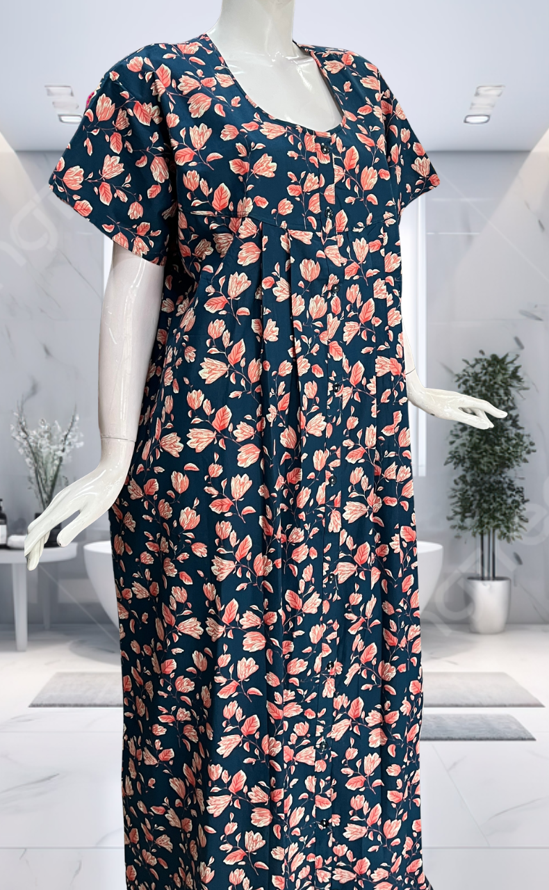 Blue Floral Full Open Pure Cotton Nighty. Pure Cotton | Laces and Frills - Laces and Frills