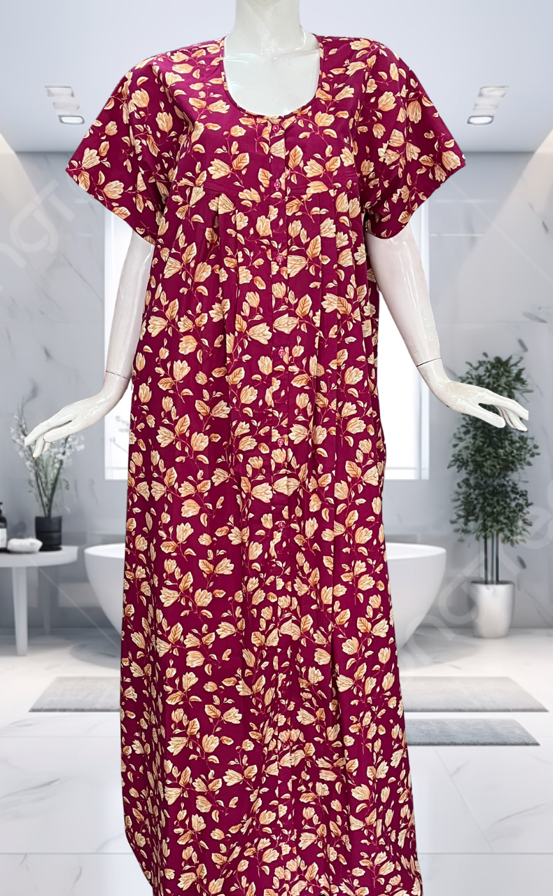 Pink Floral Full Open Pure Cotton Nighty. Pure Cotton | Laces and Frills - Laces and Frills