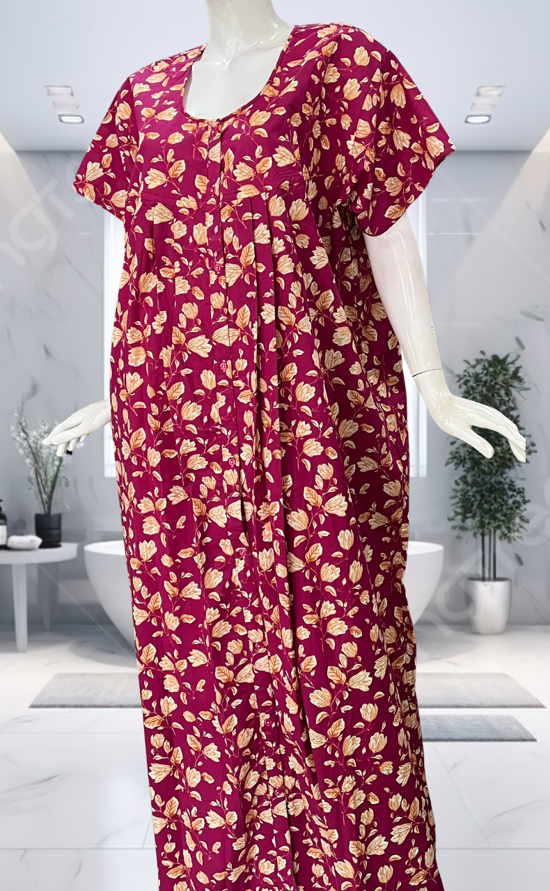 Pink Floral Full Open Pure Cotton Nighty. Pure Cotton | Laces and Frills - Laces and Frills