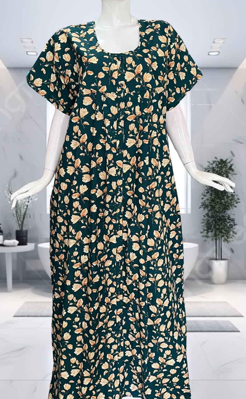 Teal Green Floral Full Open Pure Cotton Nighty. Pure Cotton | Laces and Frills
