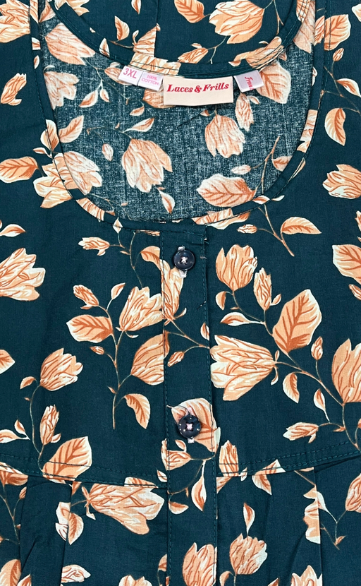 Teal Green Floral Full Open Pure Cotton Nighty. Pure Cotton | Laces and Frills - Laces and Frills