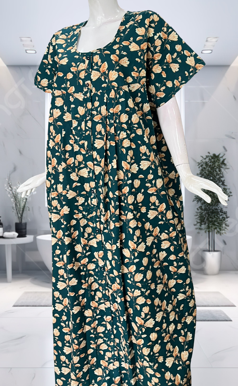 Teal Green Floral Full Open Pure Cotton Nighty. Pure Cotton | Laces and Frills