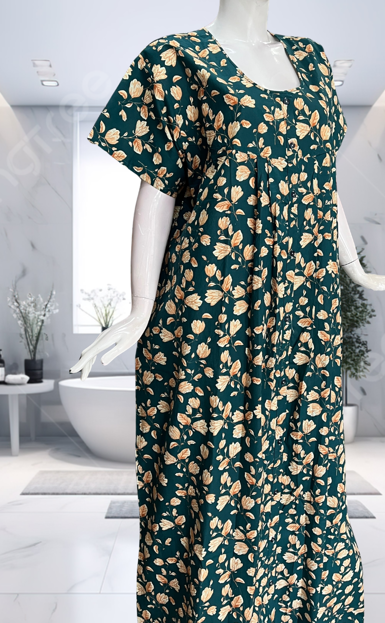 Teal Green Floral Full Open Pure Cotton Nighty. Pure Cotton | Laces and Frills
