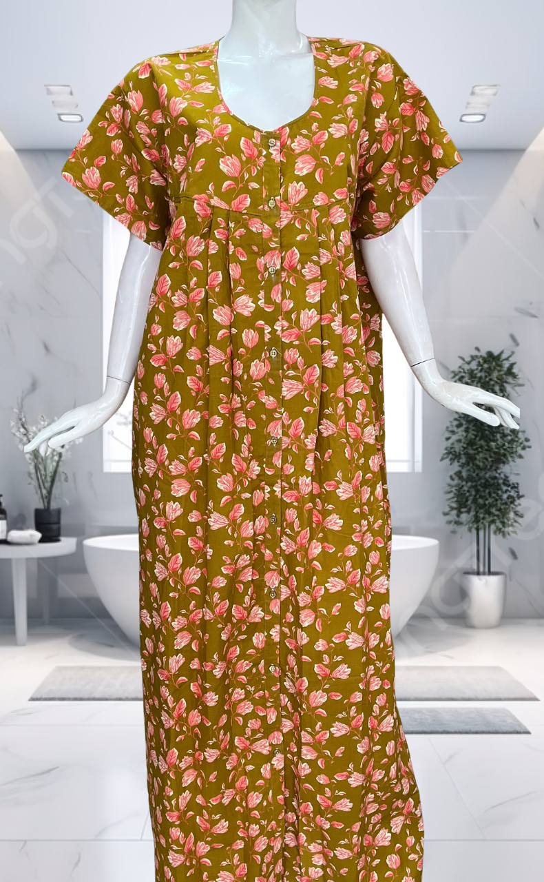 Yellow Floral Full Open Pure Cotton Nighty. Pure Cotton | Laces and Frills