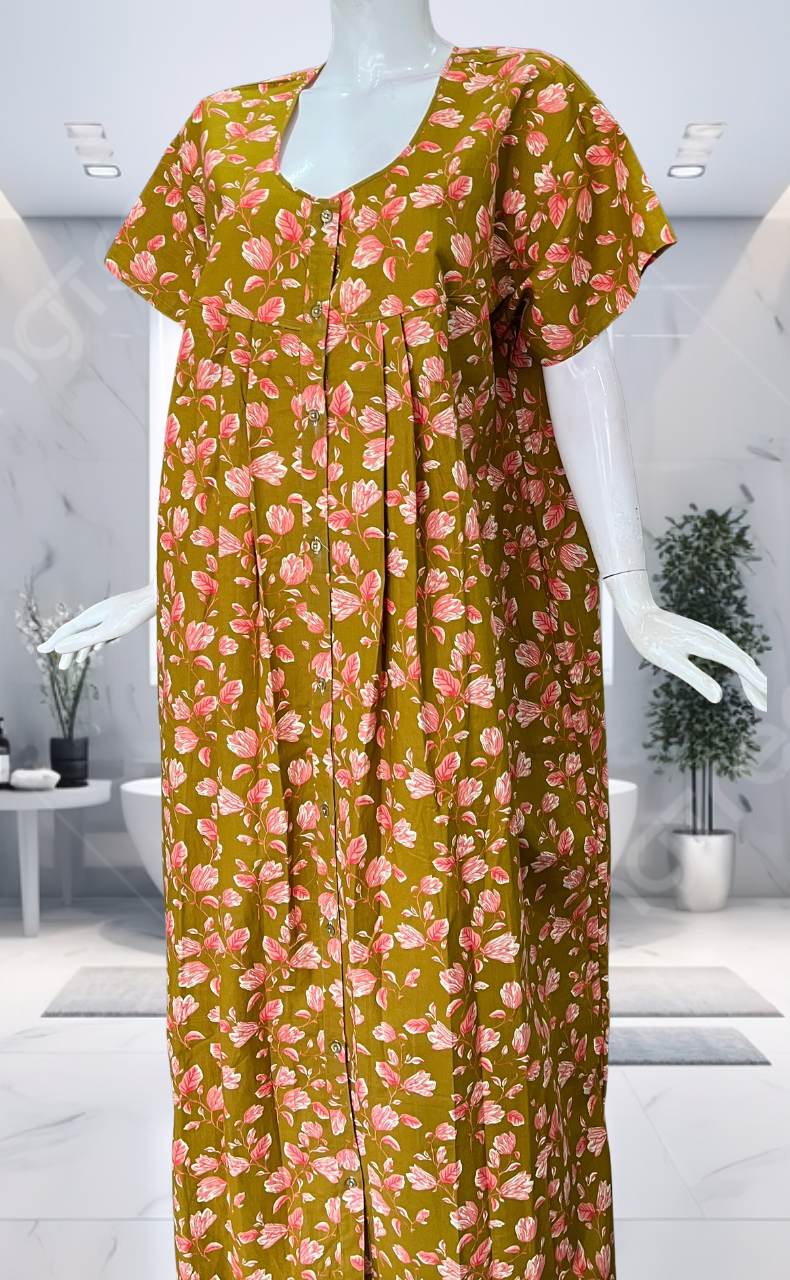 Yellow Floral Full Open Pure Cotton Nighty. Pure Cotton | Laces and Frills