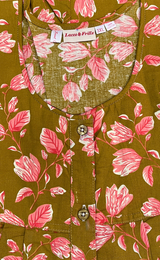 Yellow Floral Full Open Pure Cotton Nighty. Pure Cotton | Laces and Frills - Laces and Frills