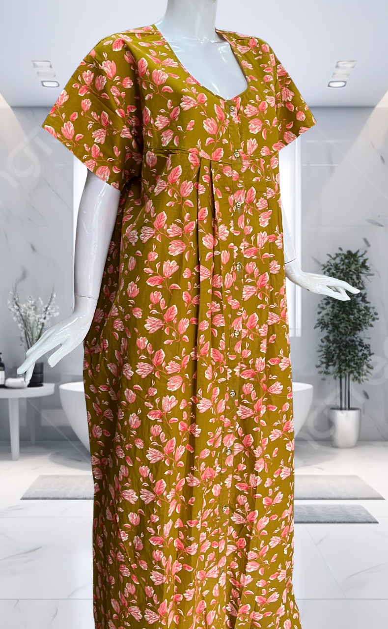 Yellow Floral Full Open Pure Cotton Nighty. Pure Cotton | Laces and Frills
