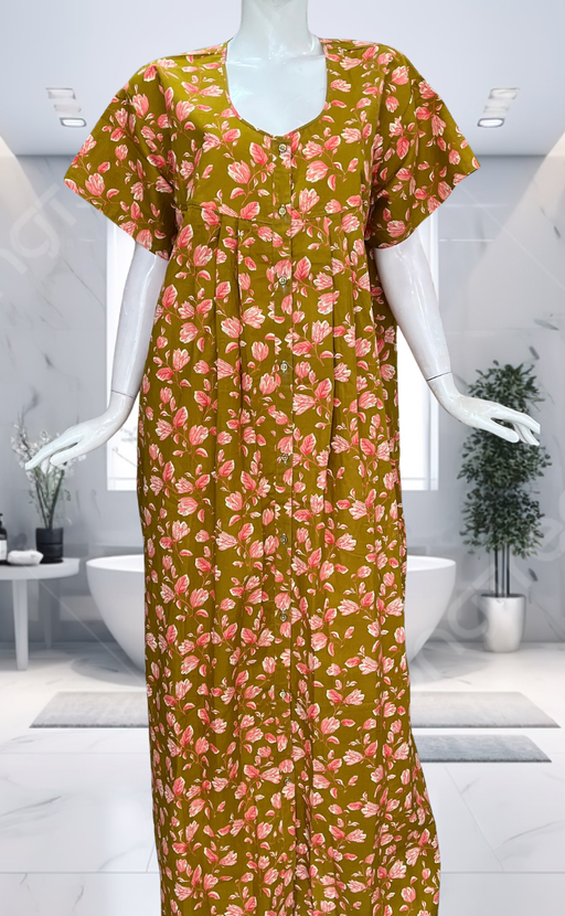 Yellow Floral Full Open Pure Cotton Nighty. Pure Cotton | Laces and Frills - Laces and Frills