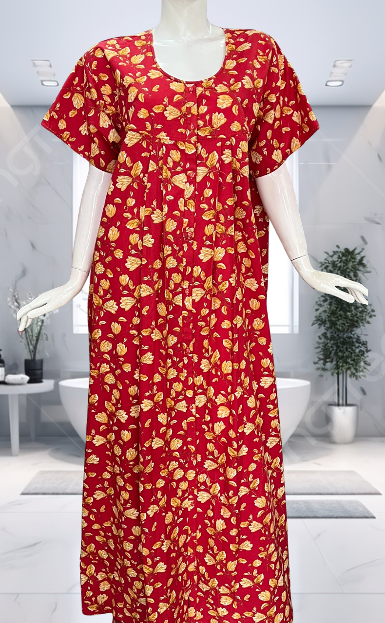 Red Floral Full Open Pure Cotton Nighty. Pure Cotton | Laces and Frills