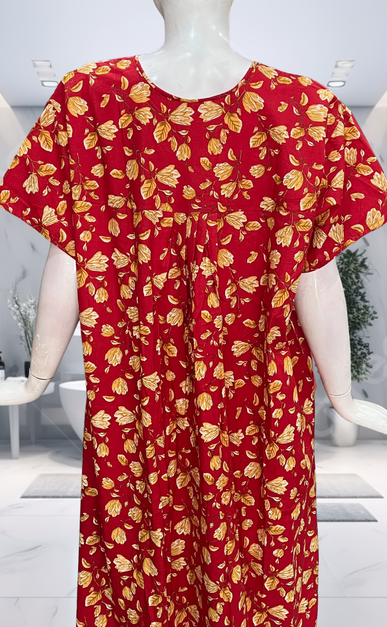 Red Floral Full Open Pure Cotton Nighty. Pure Cotton | Laces and Frills
