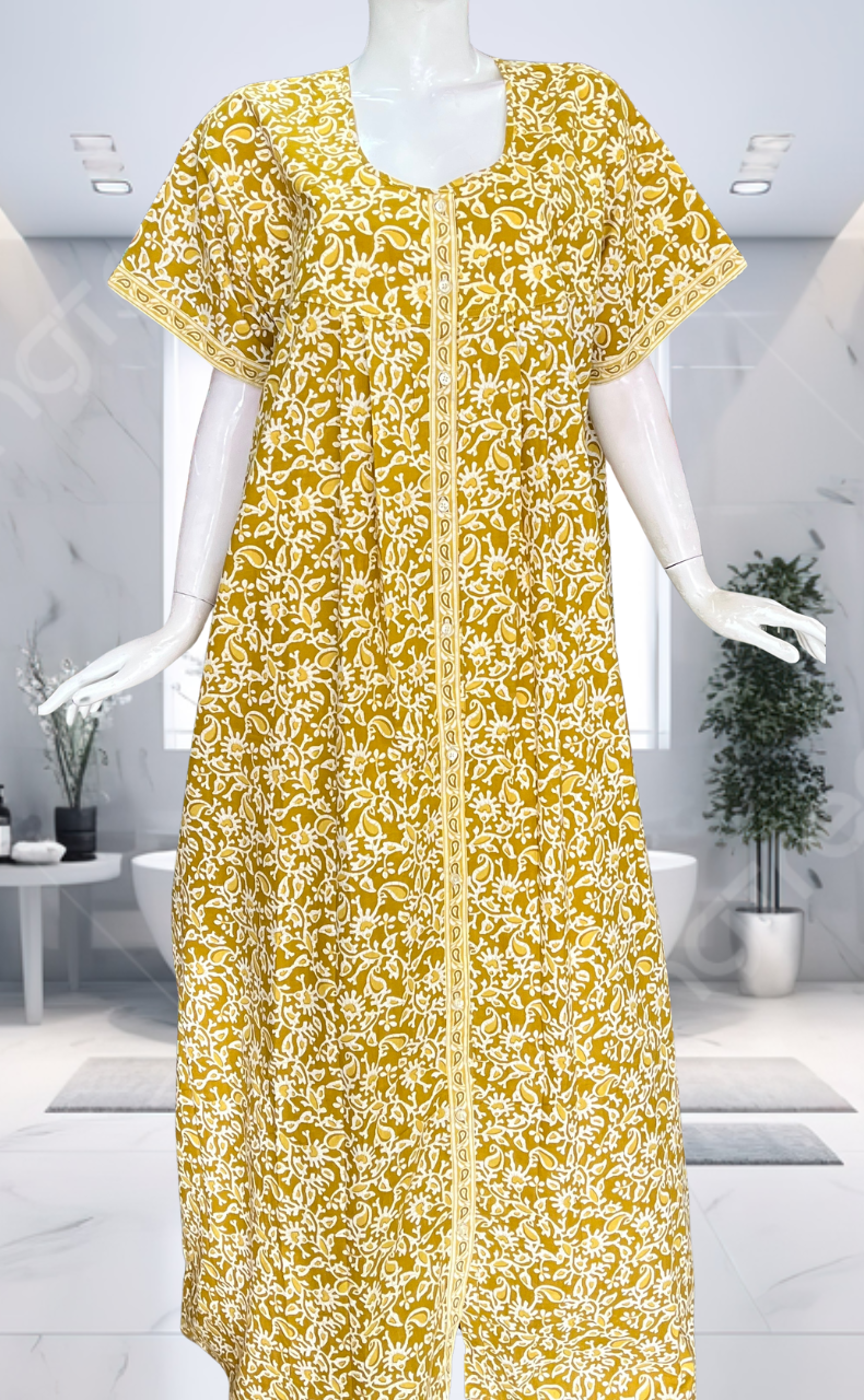 Yellow Garden Full Open Pure Cotton Nighty. Pure Cotton | Laces and Frills