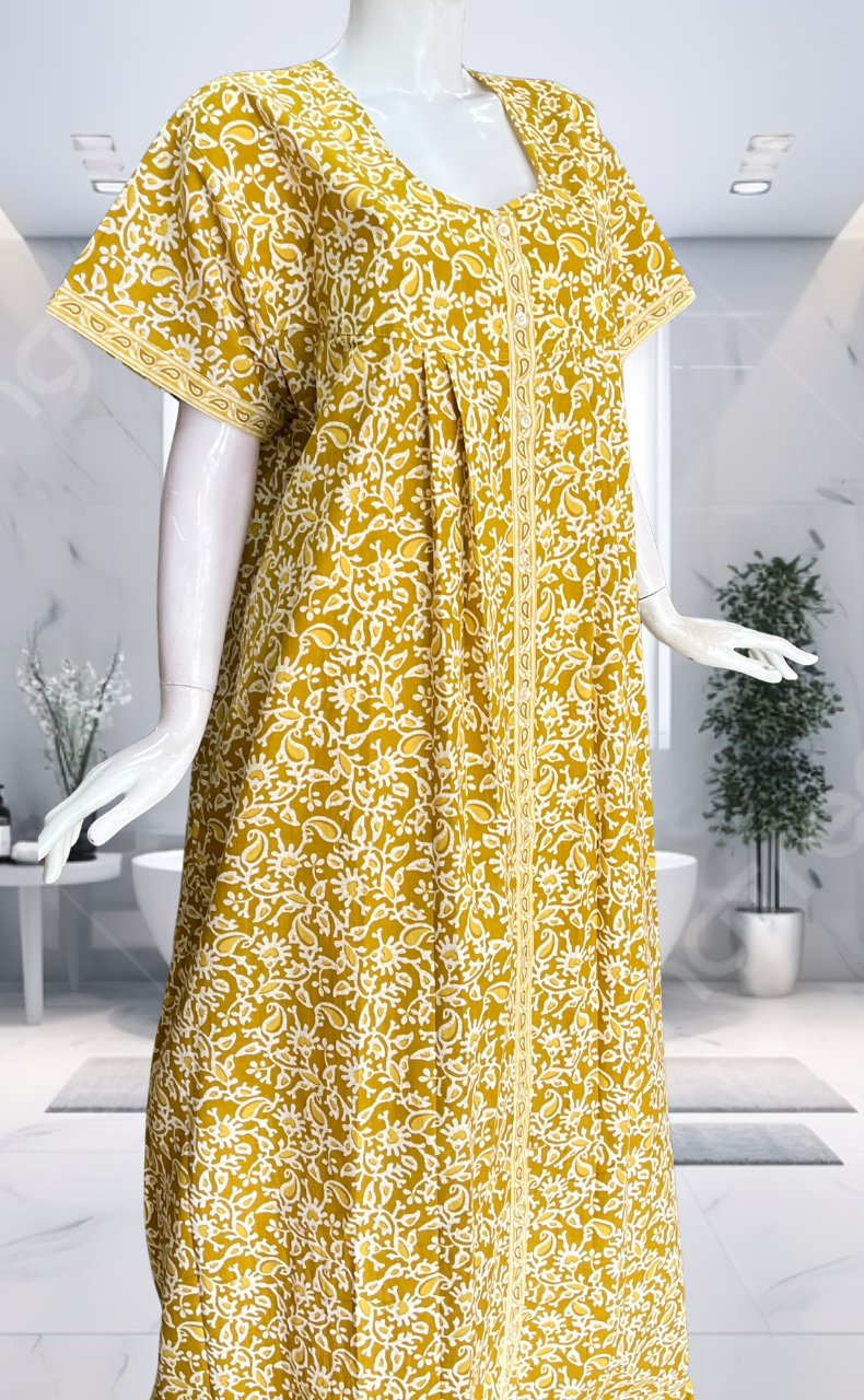 Yellow Garden Full Open Pure Cotton Nighty. Pure Cotton | Laces and Frills