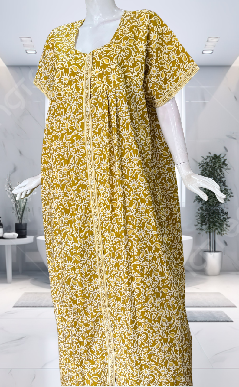 Yellow Garden Full Open Pure Cotton Nighty. Pure Cotton | Laces and Frills