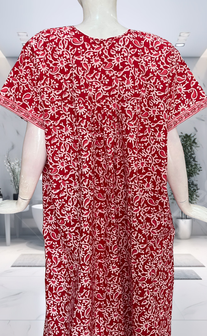 Red Garden Full Open Pure Cotton Nighty. Pure Cotton | Laces and Frills - Laces and Frills