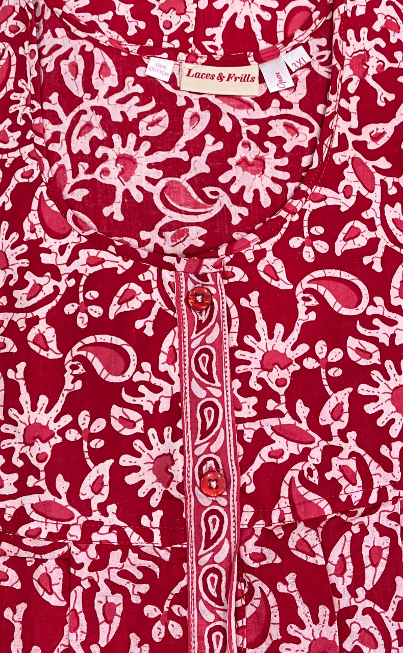 Red Garden Full Open Pure Cotton Nighty. Pure Cotton | Laces and Frills - Laces and Frills