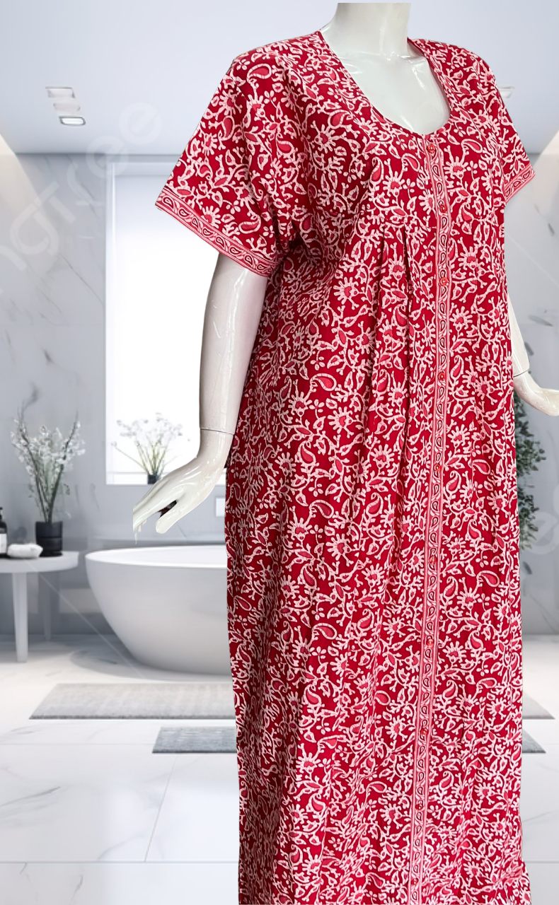 Red Garden Full Open Pure Cotton Nighty. Pure Cotton | Laces and Frills - Laces and Frills