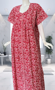 Red Garden Full Open Pure Cotton Nighty. Pure Cotton | Laces and Frills - Laces and Frills