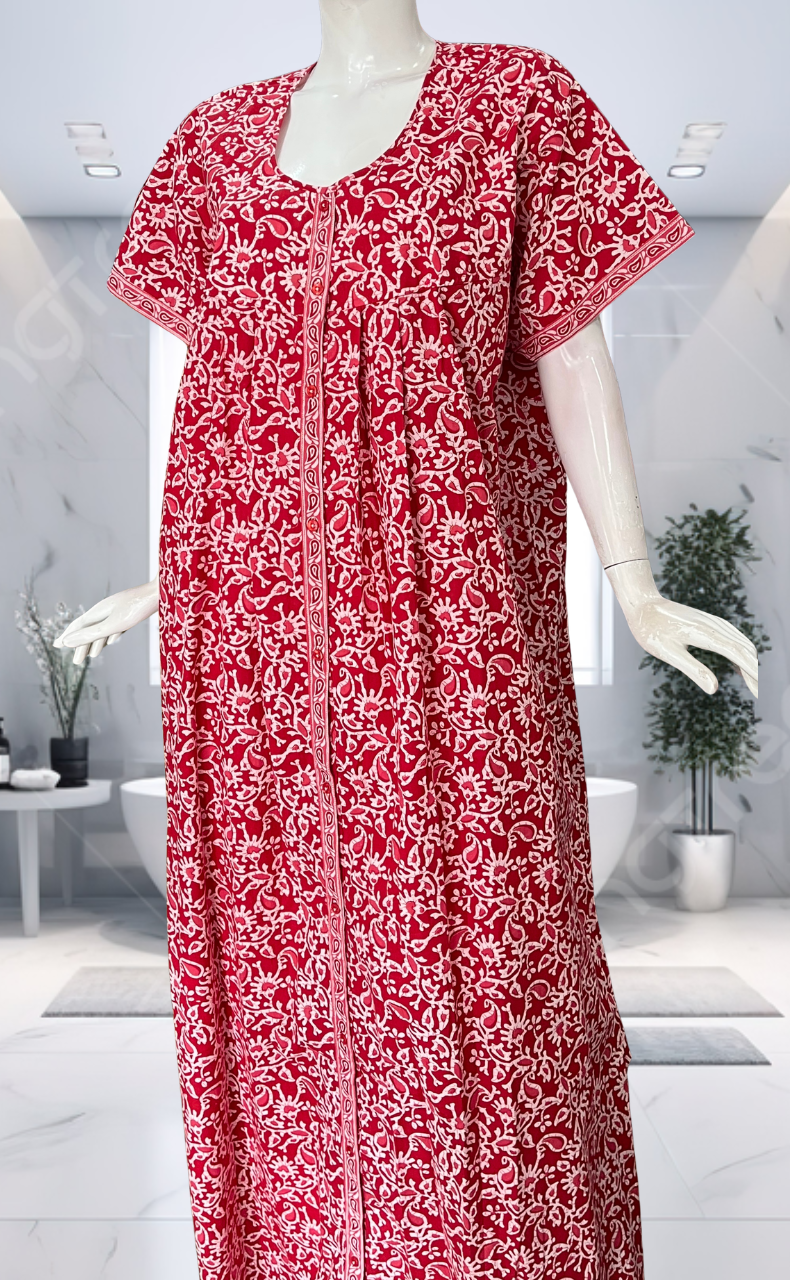 Red Garden Full Open Pure Cotton Nighty. Pure Cotton | Laces and Frills - Laces and Frills
