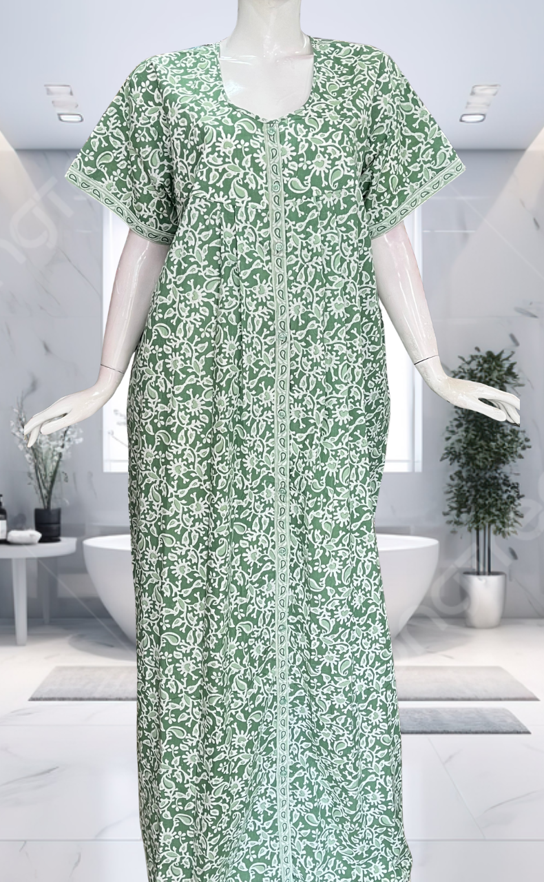 Pista Green Garden Full Open Pure Cotton Nighty. Pure Cotton | Laces and Frills