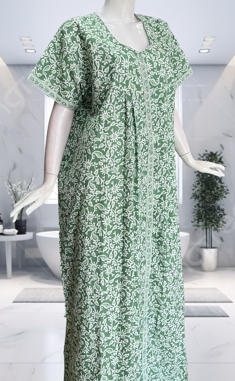 Pista Green Garden Full Open Pure Cotton Nighty. Pure Cotton | Laces and Frills