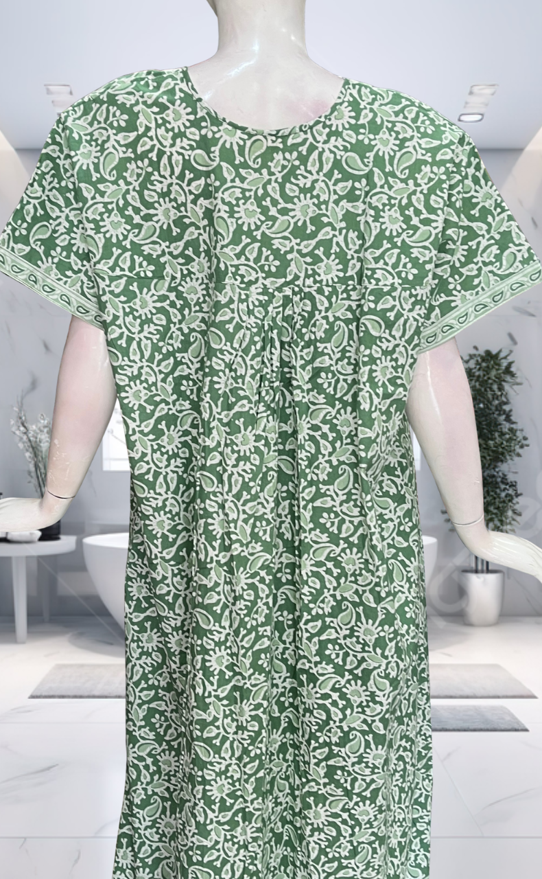 Pista Green Garden Full Open Pure Cotton Nighty. Pure Cotton | Laces and Frills