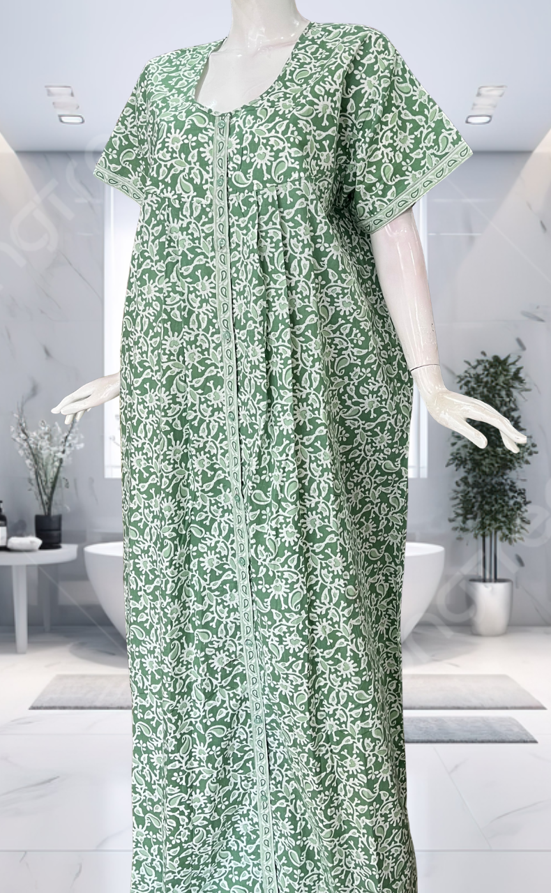 Pista Green Garden Full Open Pure Cotton Nighty. Pure Cotton | Laces and Frills