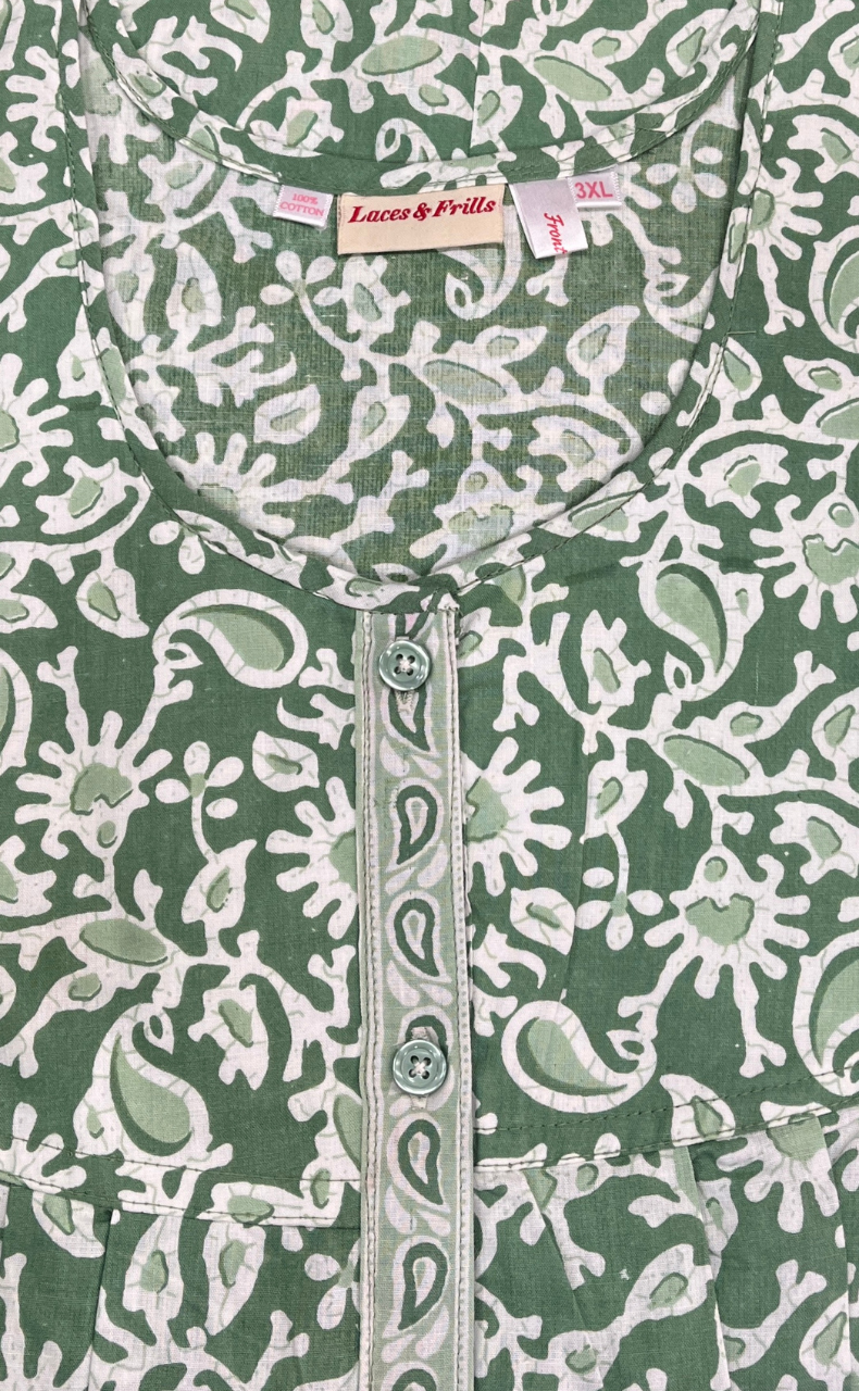 Pista Green Garden Full Open Pure Cotton Nighty. Pure Cotton | Laces and Frills