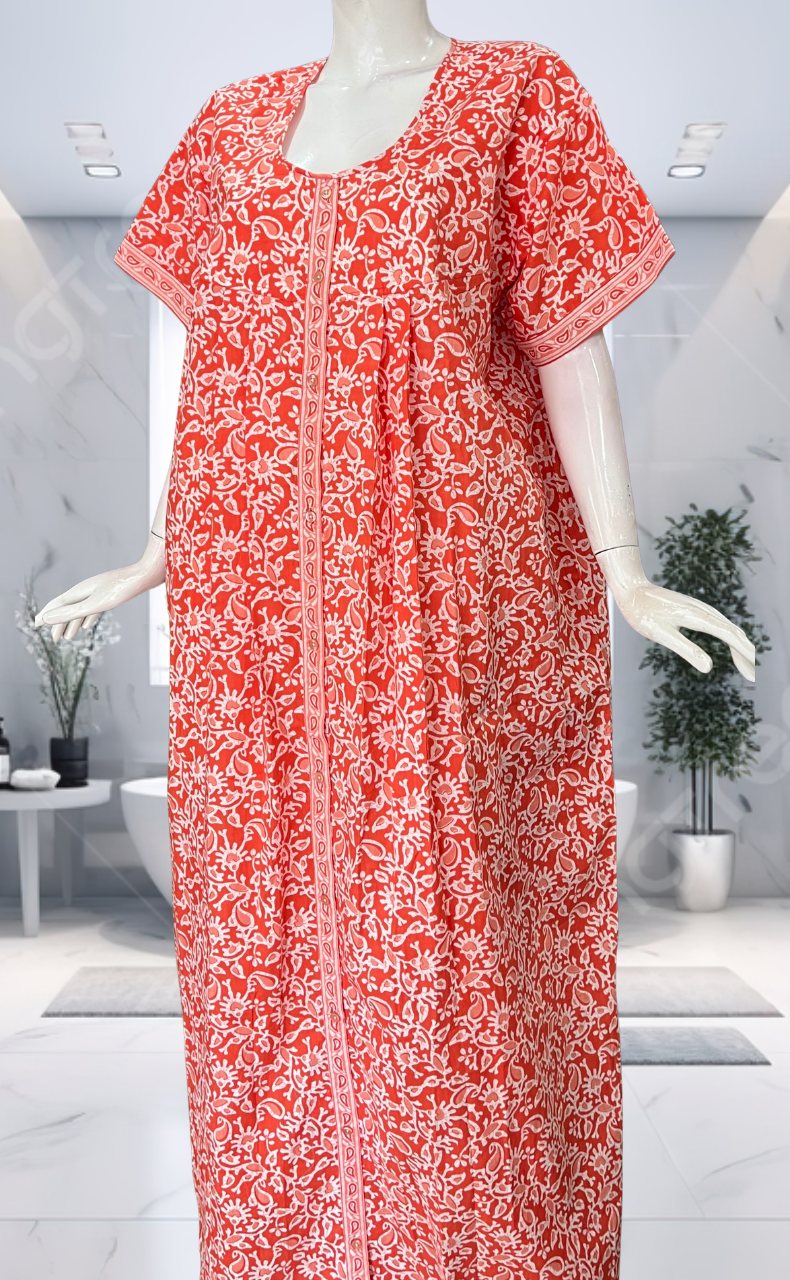 Peach Garden Full Open Pure Cotton Nighty. Pure Cotton | Laces and Frills