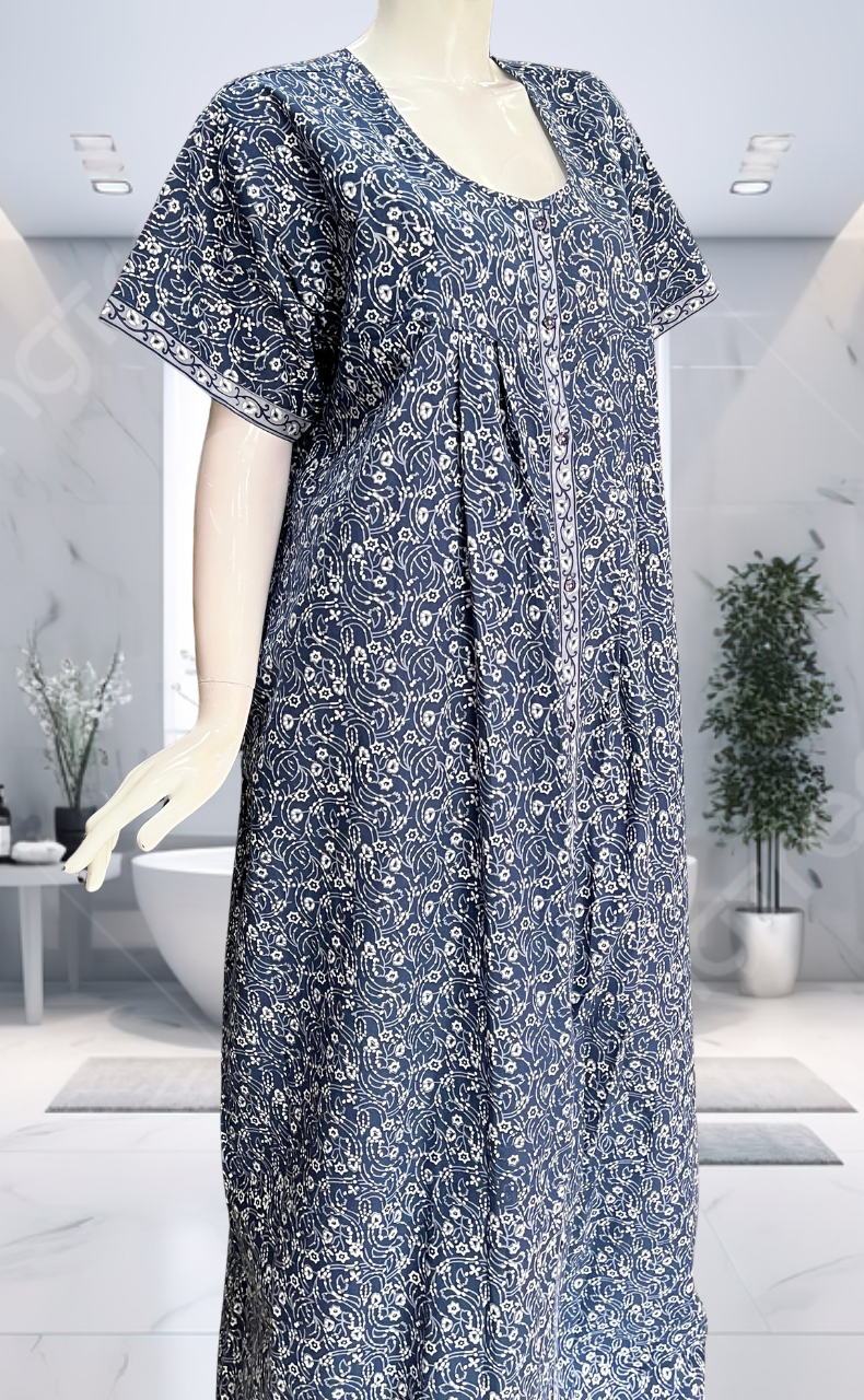 Blue Garden Full Open Pure Cotton Nighty. Pure Cotton | Laces and Frills - Laces and Frills