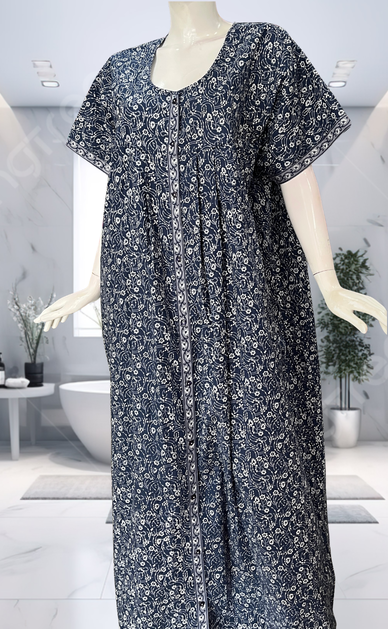 Blue Garden Full Open Pure Cotton Nighty. Pure Cotton | Laces and Frills - Laces and Frills