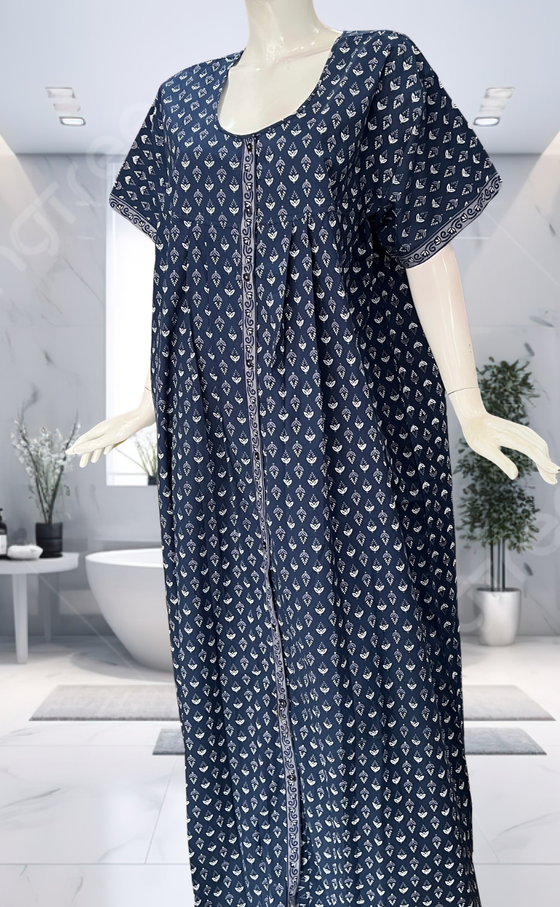 Blue Leafy Full Open Pure Cotton Nighty. Pure Cotton | Laces and Frills - Laces and Frills