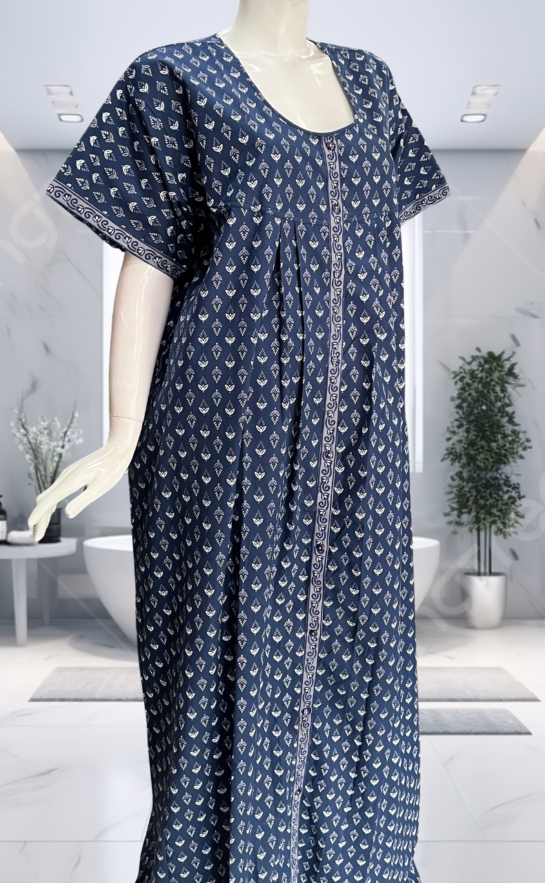Blue Leafy Full Open Pure Cotton Nighty. Pure Cotton | Laces and Frills - Laces and Frills