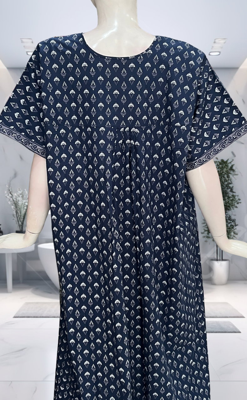 Blue Leafy Full Open Pure Cotton Nighty. Pure Cotton | Laces and Frills - Laces and Frills