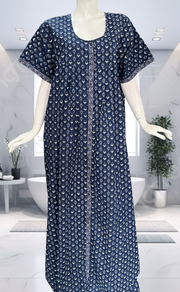 Blue Leafy Full Open Pure Cotton Nighty. Pure Cotton | Laces and Frills - Laces and Frills